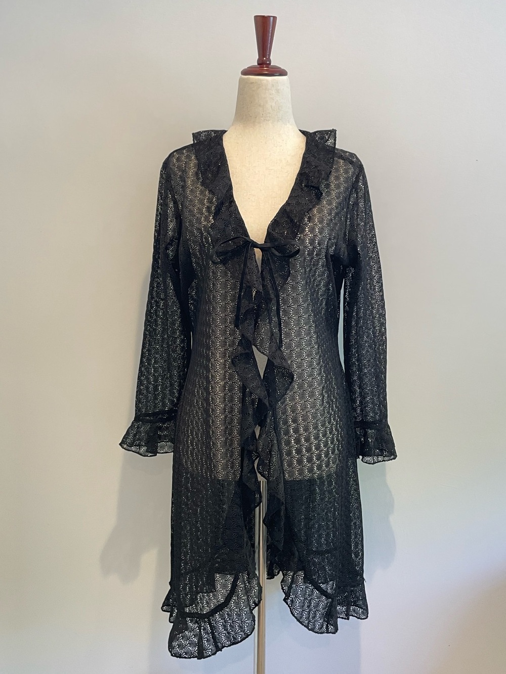 Mossimo Black Sheer Ruffle Tie-Front Duster Cardigan y2k - size medium